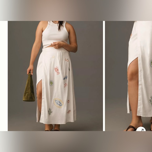 NWT Anthropologie Maeve Embellished Linen Wrap Midi Skirt - neutral motif - 10 - Picture 6 of 13